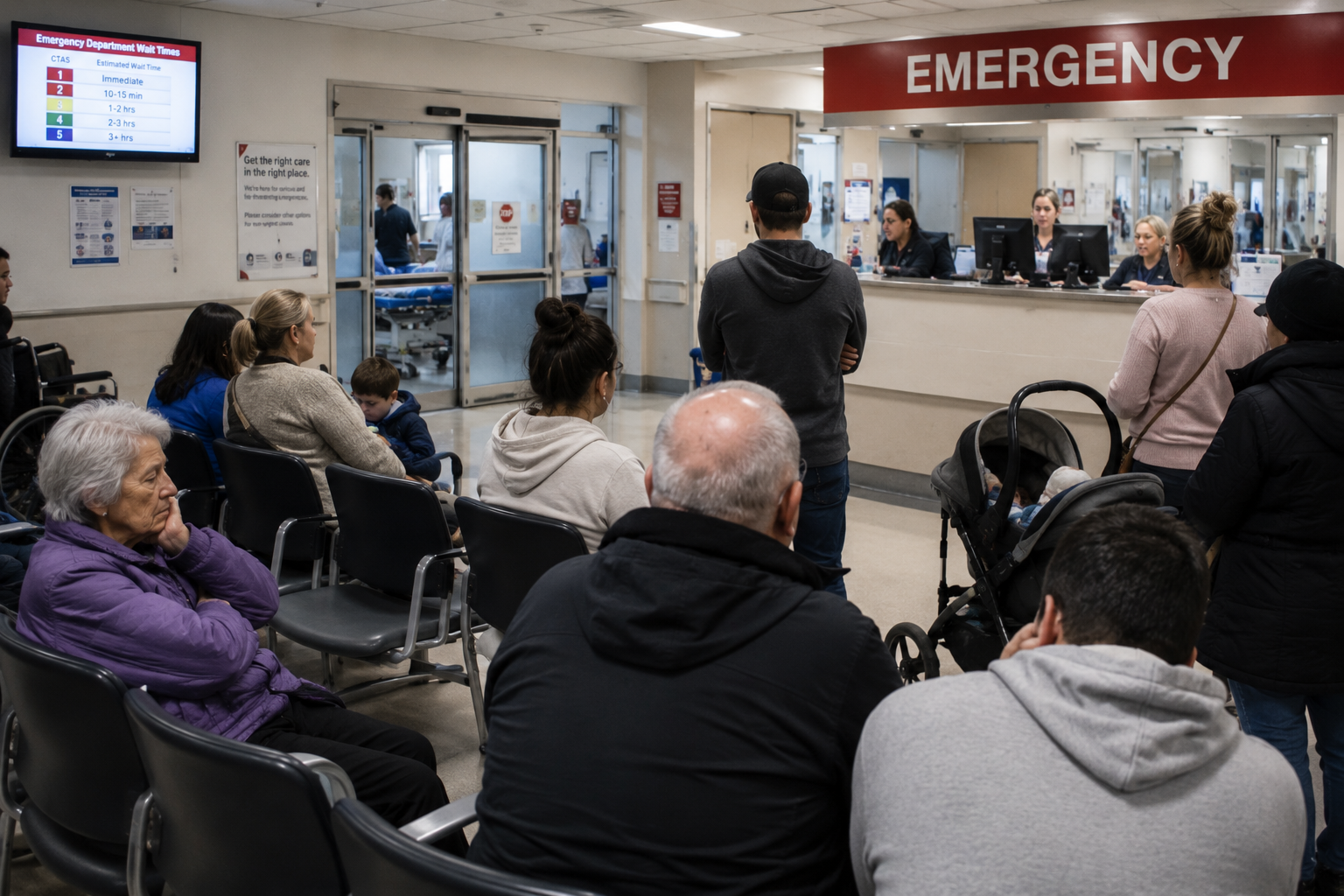 Busy emergency department waiting room with seniors, parents and children